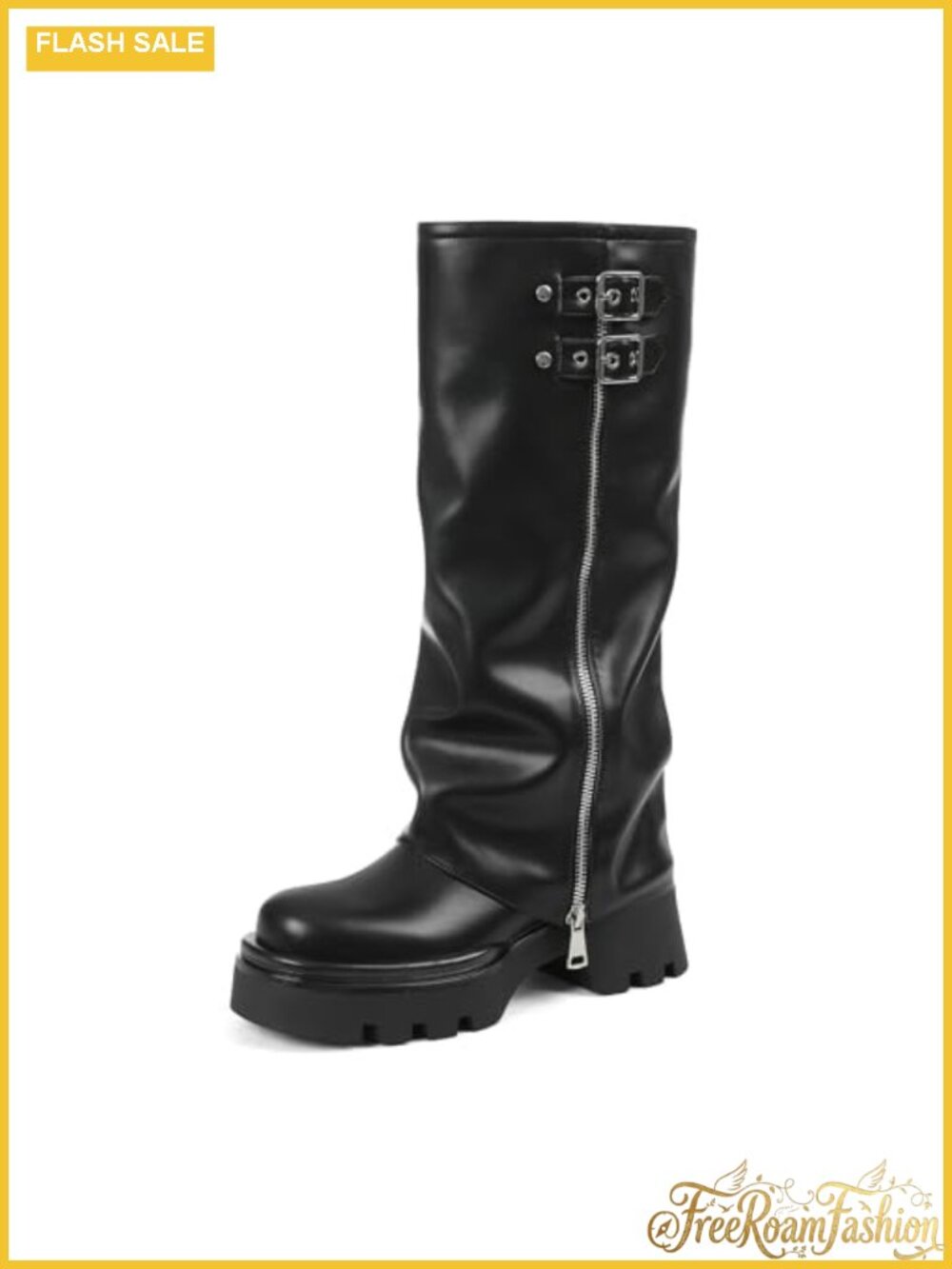 Platform Fold Over Knee High Boots Faux Leather Chunky Sole Women's